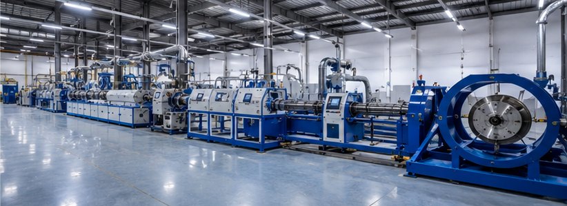 A wire and cable extrusion line in a manufacturing hall