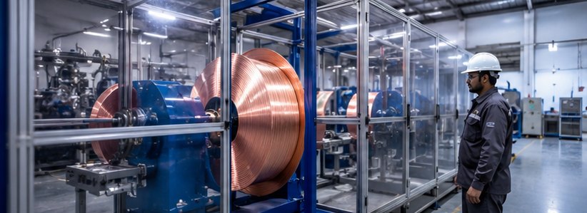Copper wire take-up spool on a cable line